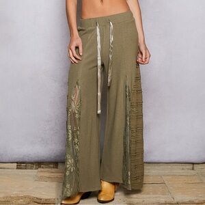 POL Lace Contrast Elastic Band Satin Strap Solid Wide Pants